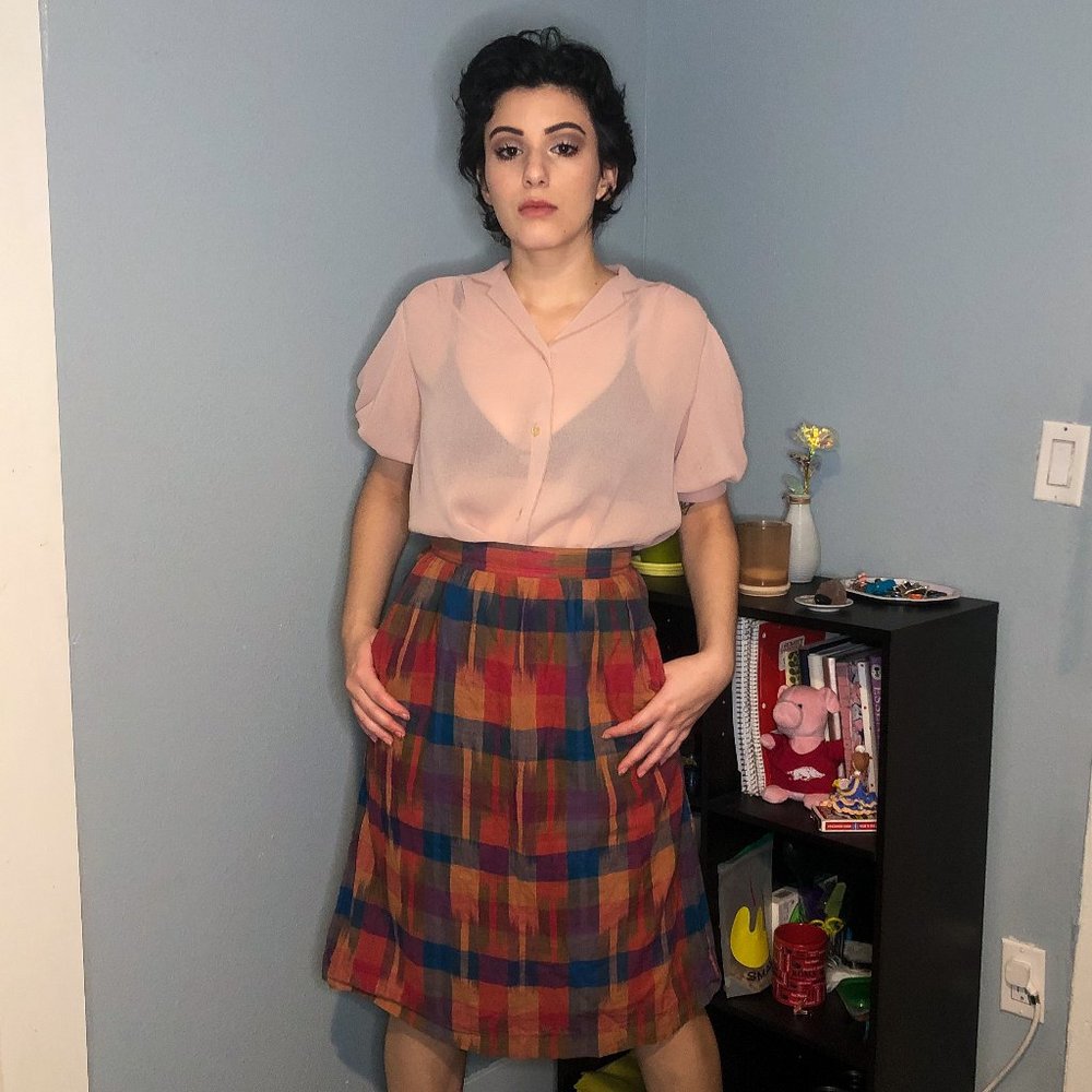 Vintage Plaid Block Midi Skirt